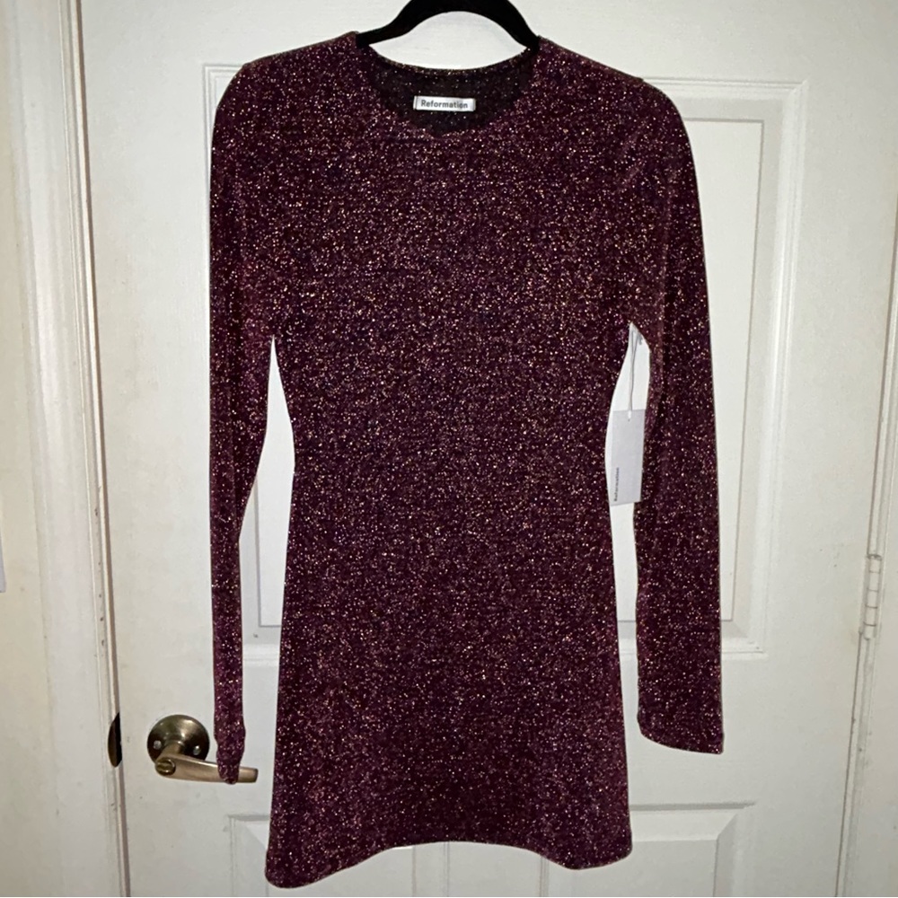 New, Reformation Riley Dress Long Sleeve Sparkle Shimmer Mini Dress